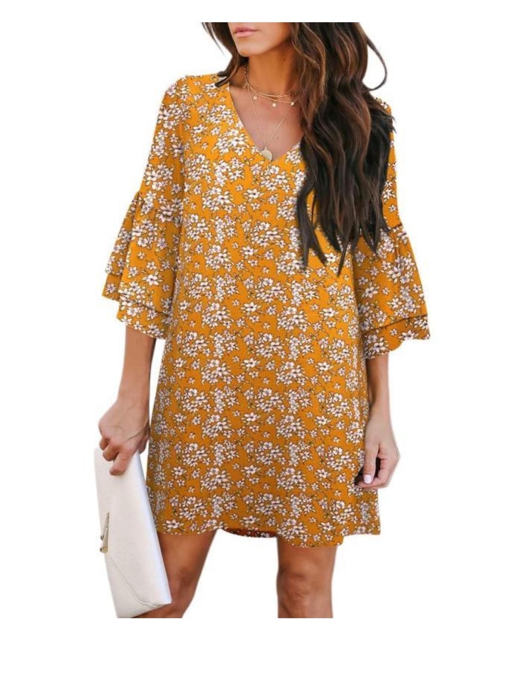 Belongsci Floral V-Neck Ruffle Sleeve Dress - Mustard XL